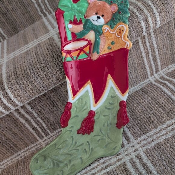 Vintage Fitz & Floyd Snack Therapy Christmas Stocking Platter Plate 13 Inches - Picture 4 of 4